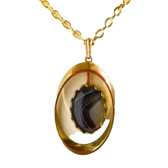 Vintage Gold Tone Pendant Necklace w/ Black Banded Agate – 18" Chain - Picture 2 of 5